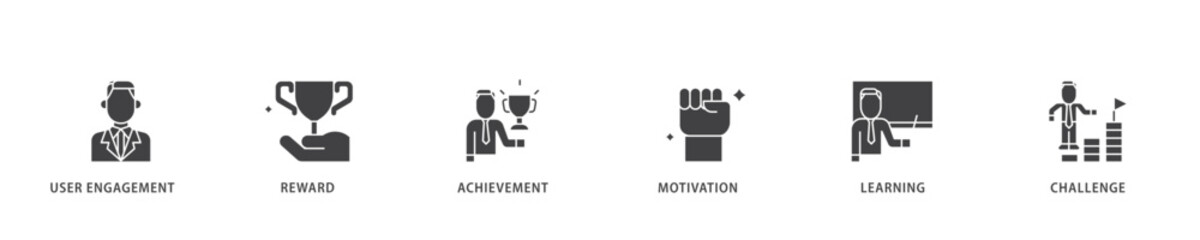 Gamification icon infographic illustration concept with icon of user engagement, reward, achievement, motivation, learning, and challenge icon live stroke and easy to edit 