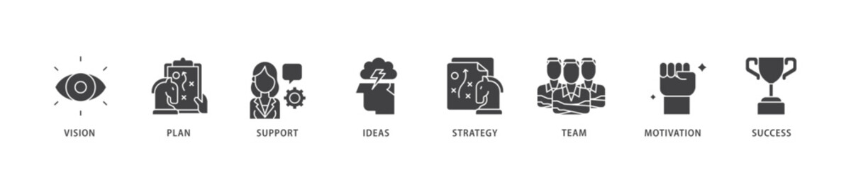 Goals icon infographic illustration concept with icon of vision, plan, support, ideas, strategy, team, motivation, and success icon live stroke and easy to edit 