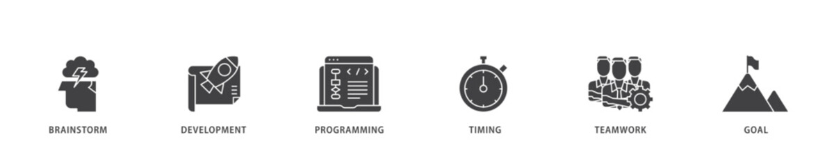 Hackathon icon infographic illustration concept with icon of brainstorm, development, programming, timing, speed, teamwork, and goal icon live stroke and easy to edit 