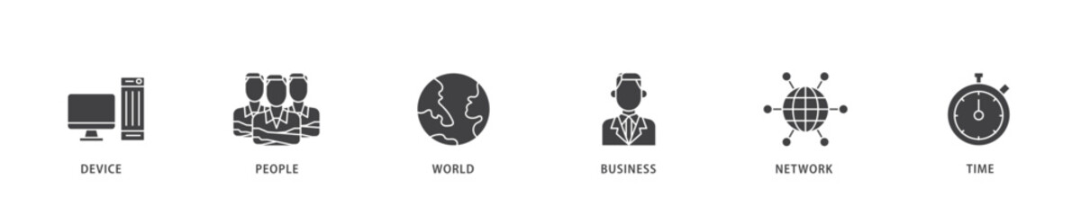 Internet of things icon infographic illustration concept with icon of device, people, world, business, network and time icon live stroke and easy to edit 