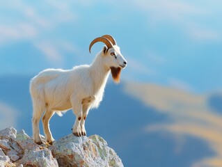A mountain goat stands majestically on rocky terrain against a vibrant blue sky