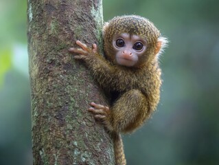 Fototapeta premium Curious monkey clings to tree trunk in lush forest during a sunny afternoon