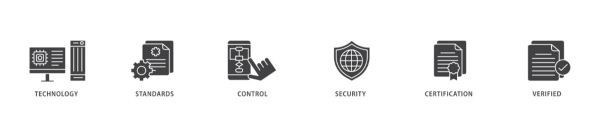 ISO27001 icon infographic illustration concept with icon of technology, standards, control, security, certification, and verified icon live stroke and easy to edit 