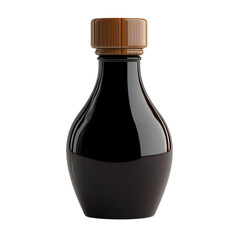 A bottle of soy sauce with a wooden cap, isolated on a black background.