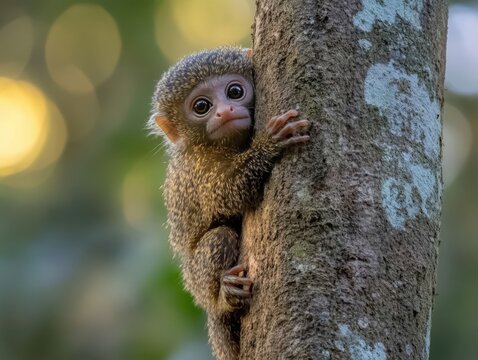 A curious monkey clings to a tree trunk under the warm glow of sunset in the jungle