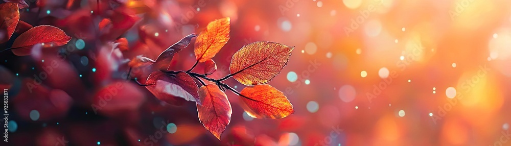 Poster a close-up of vibrant autumn leaves illuminated by soft light, creating a warm and inviting atmosphe