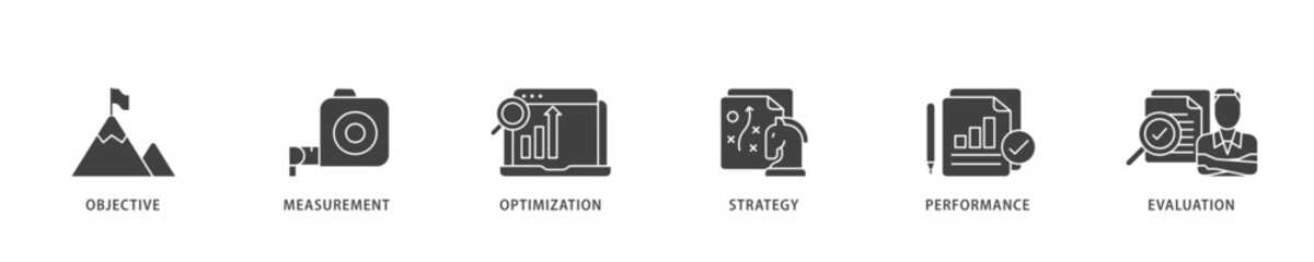 KPI icon infographic illustration concept with icon of objective, measurement, optimization, strategy, performance, and evaluation icon live stroke and easy to edit 