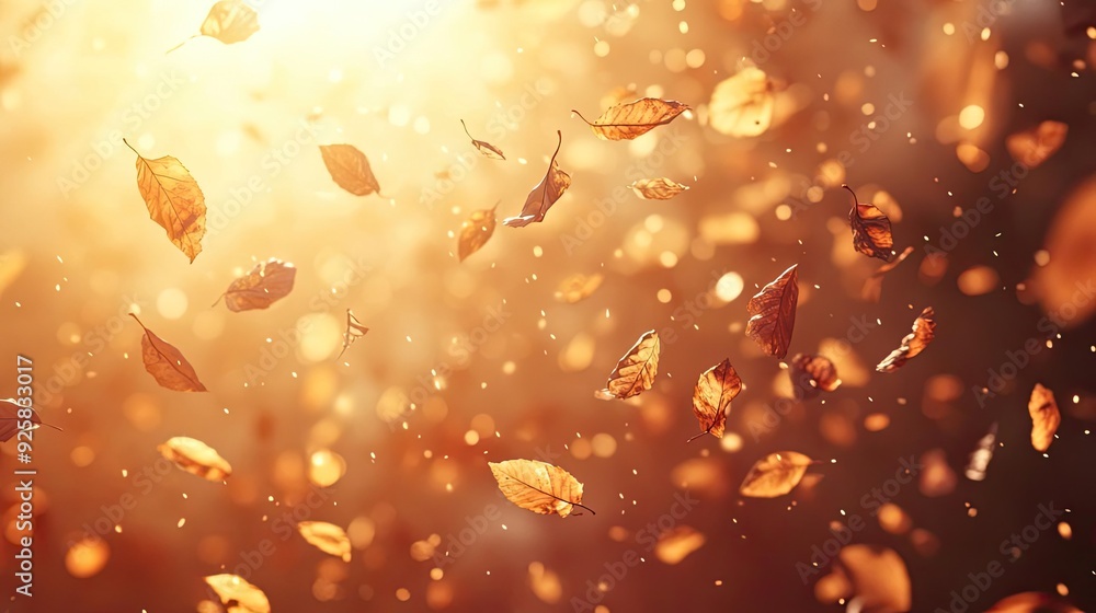 Poster a beautiful scene of autumn leaves gently falling through warm golden sunlight, creating a tranquil 
