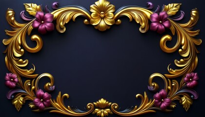 Golden Floral Frame with Purple Flowers on a Dark Background