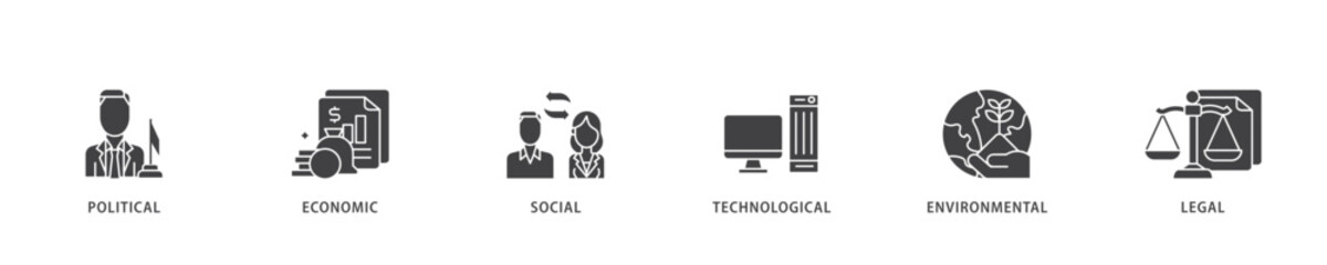 Pestel icon infographic illustration concept with icon of governance, finance, network, automation, ecology, law statement icon live stroke and easy to edit 