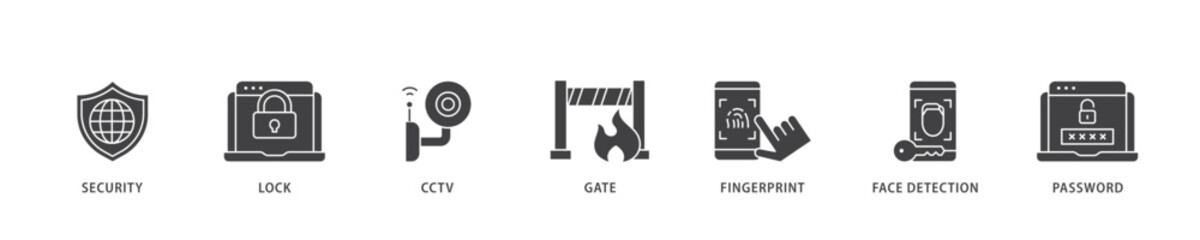 Security system icon infographic illustration concept with icon of password, gate, face detection, finger print, cctv, lock, security icon live stroke and easy to edit 