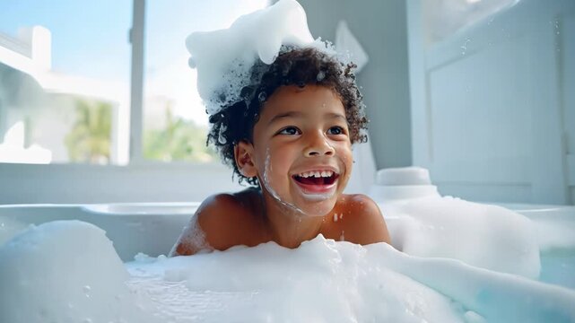 Soap foam, bath time, little african American child taking bubble bath in beautiful bathroom, Kids hygiene Shampoo, hair treatment and soap for children, Kid bathing in large tub , foam in hair
