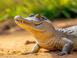 Obraz premium Sunbathing crocodile resting on sandy bank near river in warm afternoon