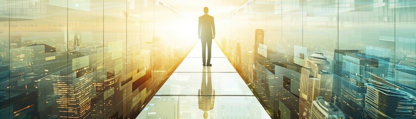 A solitary figure stands on a glass pathway amidst a futuristic cityscape, symbolizing ambition and limitless possibilities.