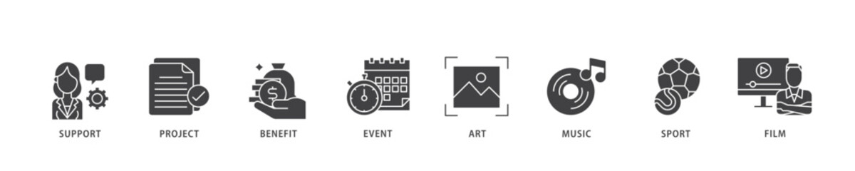 Sponsor icon infographic illustration concept with icon of film, sport, event, music, art, benefit, project, support icon live stroke and easy to edit 