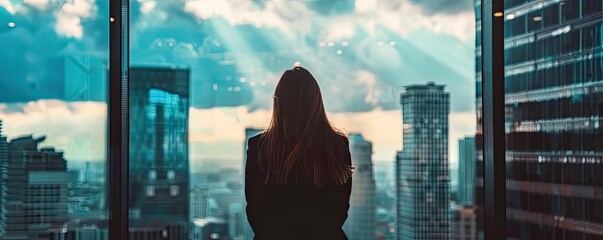 A contemplative figure gazes out at a stunning urban skyline, bathed in beautiful rays of light breaking through clouds.