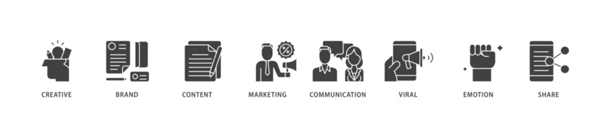 Storytelling icon infographic illustration concept with icon of creative, brand, content, marketing, communication, viral, emotion, and share icon live stroke and easy to edit 