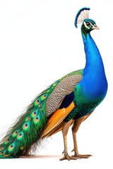 Fototapeta premium Majestic peacock displaying vibrant feathers against a clean backdrop