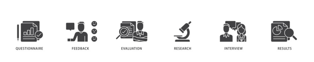 Survey icon infographic illustration concept with icon of evaluation, research, interview and result icon live stroke and easy to edit 