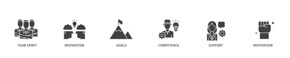 Team building icon infographic illustration concept with icon of team spirit, inspiration, goals, competence, support, and motivation icon live stroke and easy to edit 
