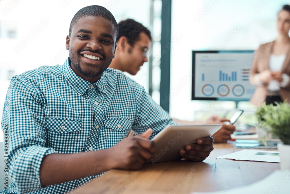 Leinwandbilder creative, black businessman and portrait in office with tablet by website design company for brand i