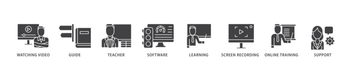 Video tutorial icon infographic illustration concept with icon of watching video, guide, teacher, software, learning, screen  recording, online training, support icon live stroke and easy to edit 