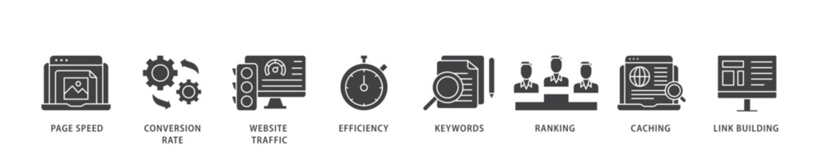 Website optimization icon infographic illustration concept with icon of page speed, conversion rate, website traffic, efficiency, keywords, ranking, caching  icon live stroke and easy to edit  © AFD