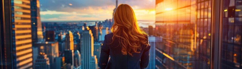 A woman gazes at a stunning sunset overlooking a city skyline, capturing a moment of reflection and inspiration.