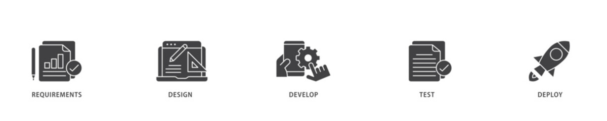 Waterfall icon infographic illustration concept with icon of requirements, design, develop, test and deploy icon live stroke and easy to edit 