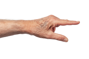 A detailed close-up of an elderly hand pointing, showcasing age spots and distinct features that highlight the beauty of aging.