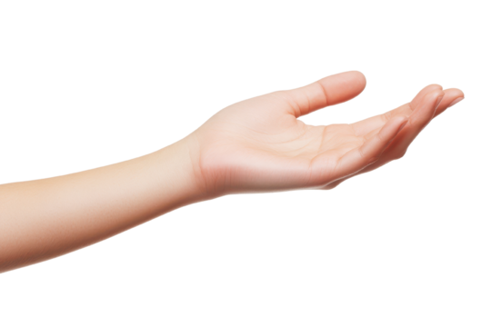 A close-up of an outstretched hand, symbolizing welcome, support, or an offering gesture against a transparent background.