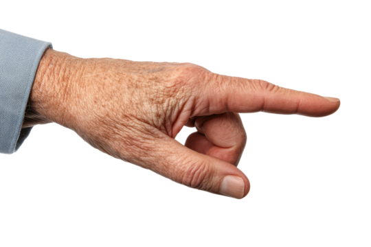 Close-up of an elderly \ hand pointing to emphasize direction, intention, or instruction. Ideal for concepts of guidance and communication.