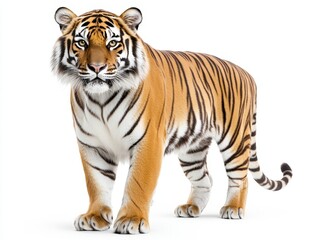 Obraz premium A majestic tiger strides confidently against a pristine white background
