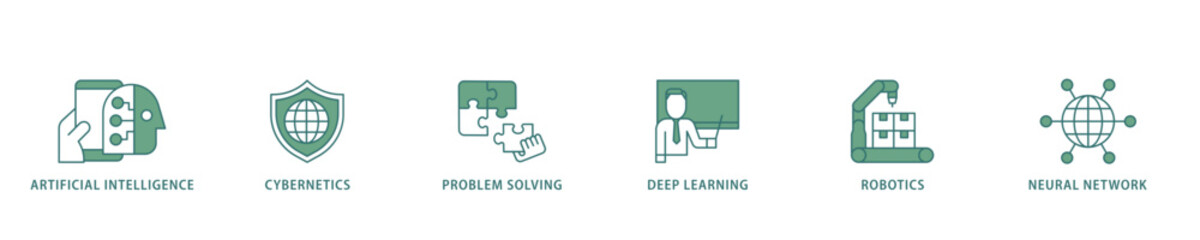 AI icon infographic illustration concept with icon of cybernetics, problem solving, deep learning, machine learning, robotics and neural network icon live stroke and easy to edit 