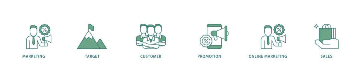 Advertising icon infographic illustration concept with icon of marketing, target, customer, promotion, online marketing, and sales icon live stroke and easy to edit 