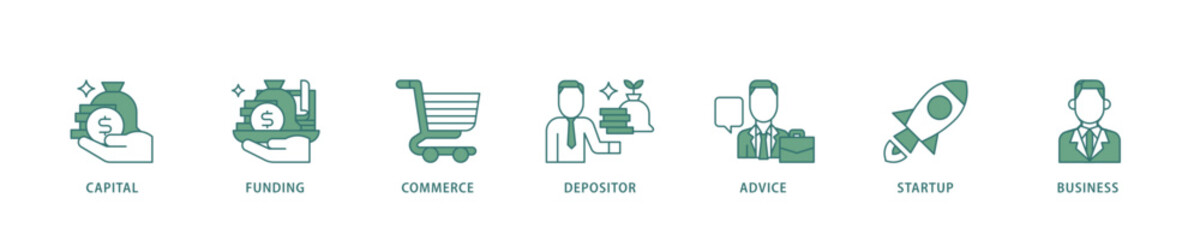 Angel investor icon infographic illustration concept with icon of capital, funding, commerce, depositor, advice, startup and business icon live stroke and easy to edit 
