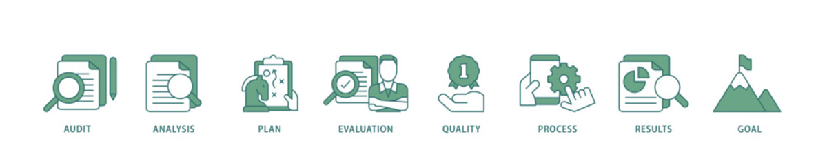 Assessment center icon infographic illustration concept with icon of audit, analysis, plan, evaluation, quality,process,results and goal  icon live stroke and easy to edit 