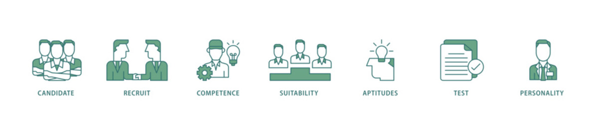 Assessment icon infographic illustration concept with icon of user candidate, recruit, competence, suitability, aptitudes, test and personality icon live stroke and easy to edit 