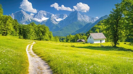 Obraz premium a beautiful green meadow with a path leading to a house