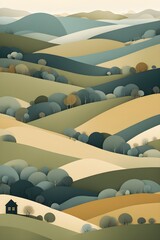 landscape set in paper art style featuring houses tucked between verdant trees and rolling hills