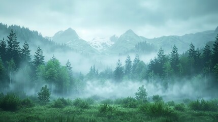 Fototapeta premium A serene, mountain landscape background with misty peaks and evergreen trees.