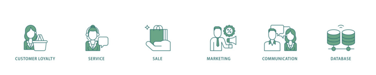 CRM icon infographic illustration concept with icon of customer loyalty, service, sale, marketing, communication, and database icon live stroke and easy to edit 