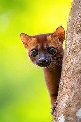 Curious creature peering from a tree trunk in a vibrant green rainforest