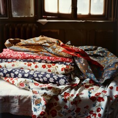 Vibrant, colorful fabrics with various patterns spread out on a surface, evoking creativity, culture, and the richness of textile design.