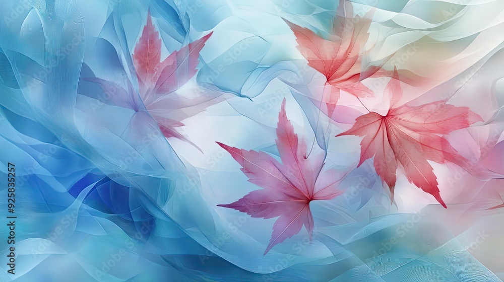 Poster A serene background featuring delicate red leaves intertwined with soft blue hues, creating a calm and tranquil atmosphere.