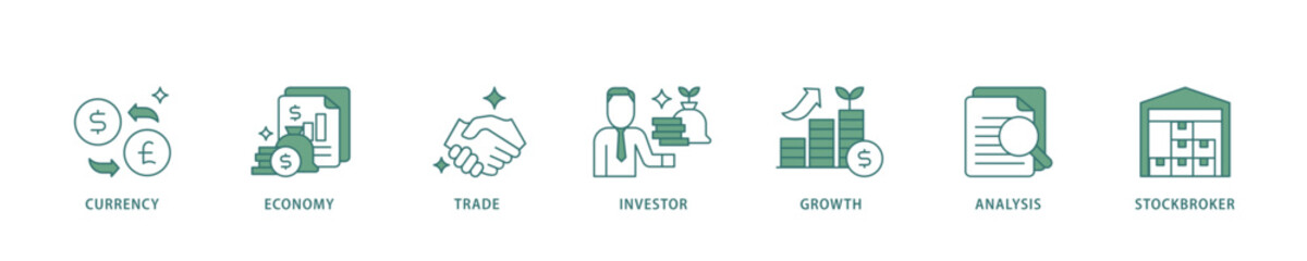 Forex icon infographic illustration concept with icon of currency, economy, trade, investor, growth, analysis and stockbroker icon live stroke and easy to edit 