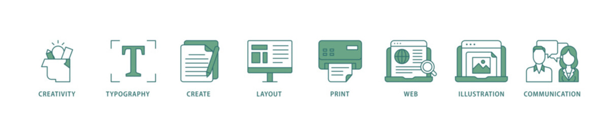 Graphic design icon infographic illustration concept with icon of creativity, typography, create, layout, print, web, illustration and communication icon live stroke and easy to edit 