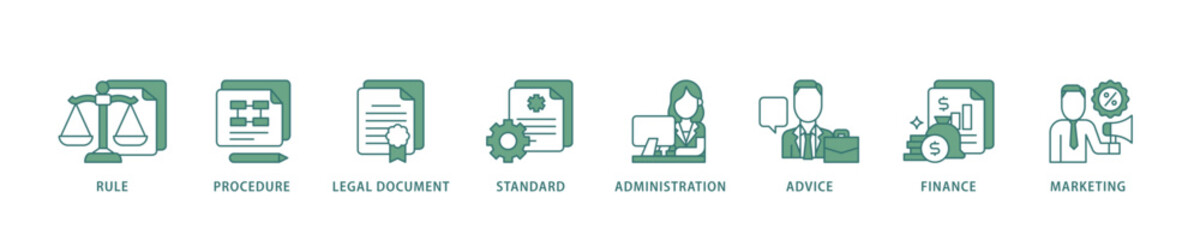 Guideline icon infographic illustration concept with icon of rule, procedure, legal document, standard, administration, advice, finance, marketing icon live stroke and easy to edit 