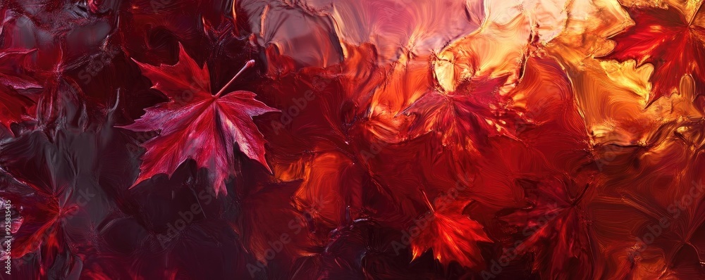 Poster a vibrant display of red maple leaves blending seamlessly into warm autumn hues, capturing the essen