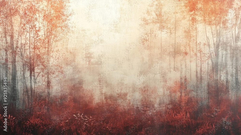 Poster a serene autumn forest landscape featuring soft hues of orange and red, creating a tranquil and drea